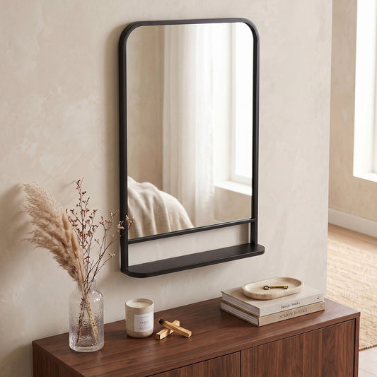 Modern Rectangular Wall Mirror with Storage Shelf, 86 x 53 Mirrors for Living Room, Bedroom, Black