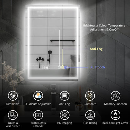 50 x 70 cm Anti-Fog LED Bathroom Mirror, with Bluetooth and Clock - Silver Tone