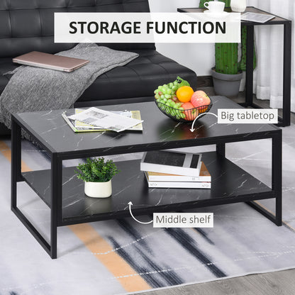 Coffee Table, Two-Tier Faux Marble Effect Centre Table with Metal Frame and Storage Shelf for Living Room, 106 x 50 x 45cm, Black