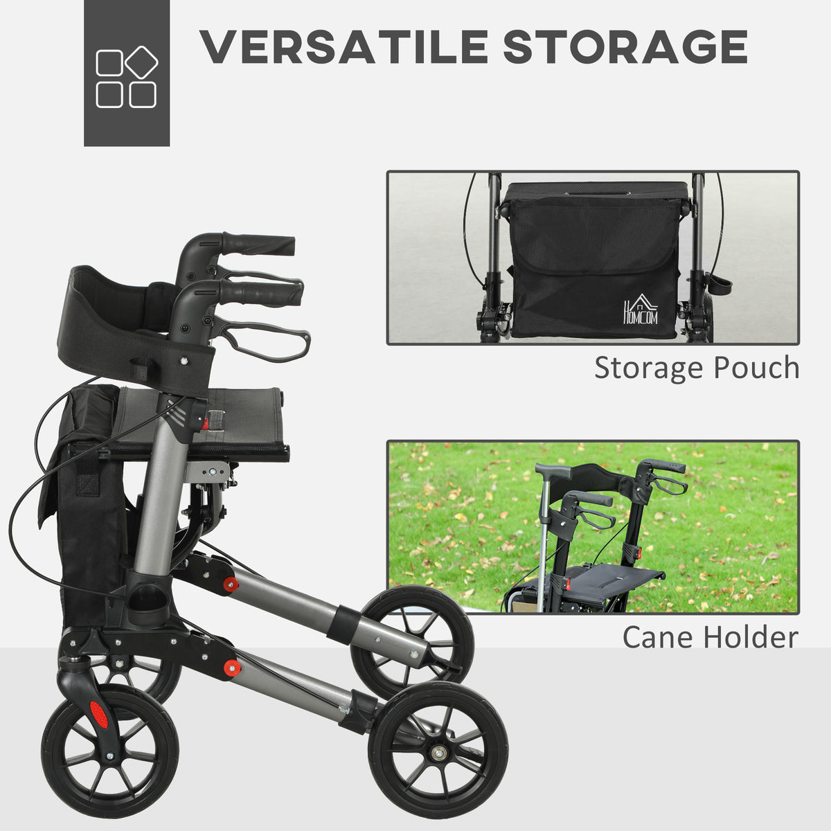 Rollator Walker with Seat, Compact Quick Folding Mobility Walker with 8" Wheels, Carry Bag, Adjustable Height, Cane Holder and Lightweight Aluminium Frame for Seniors and Disabled, Silver