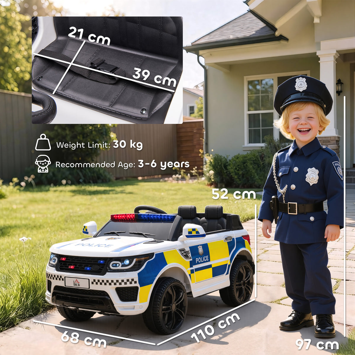Ride on Police Kids Car 12V Electric Car for 3-6 Years with Remote Control Siren Flashing Lights Suspension, White