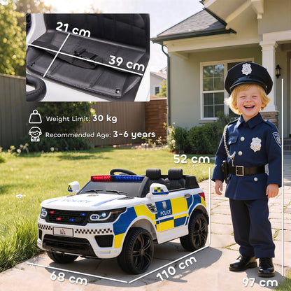 Ride on Police Kids Car 12V Electric Car for 3-6 Years with Remote Control Siren Flashing Lights Suspension, White