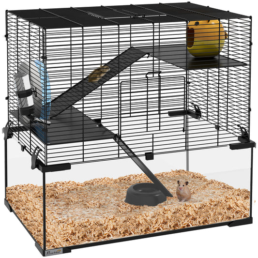 3 Tiers Hamster Cage, Gerbil Cage with Deep Glass Bottom, Non-Slip Ramps, Platforms, Exercise Wheels, Water Bottle, Dish, for Syrian Hamster, Dwarf Hamster, 60 x 40 x 54.5cm
