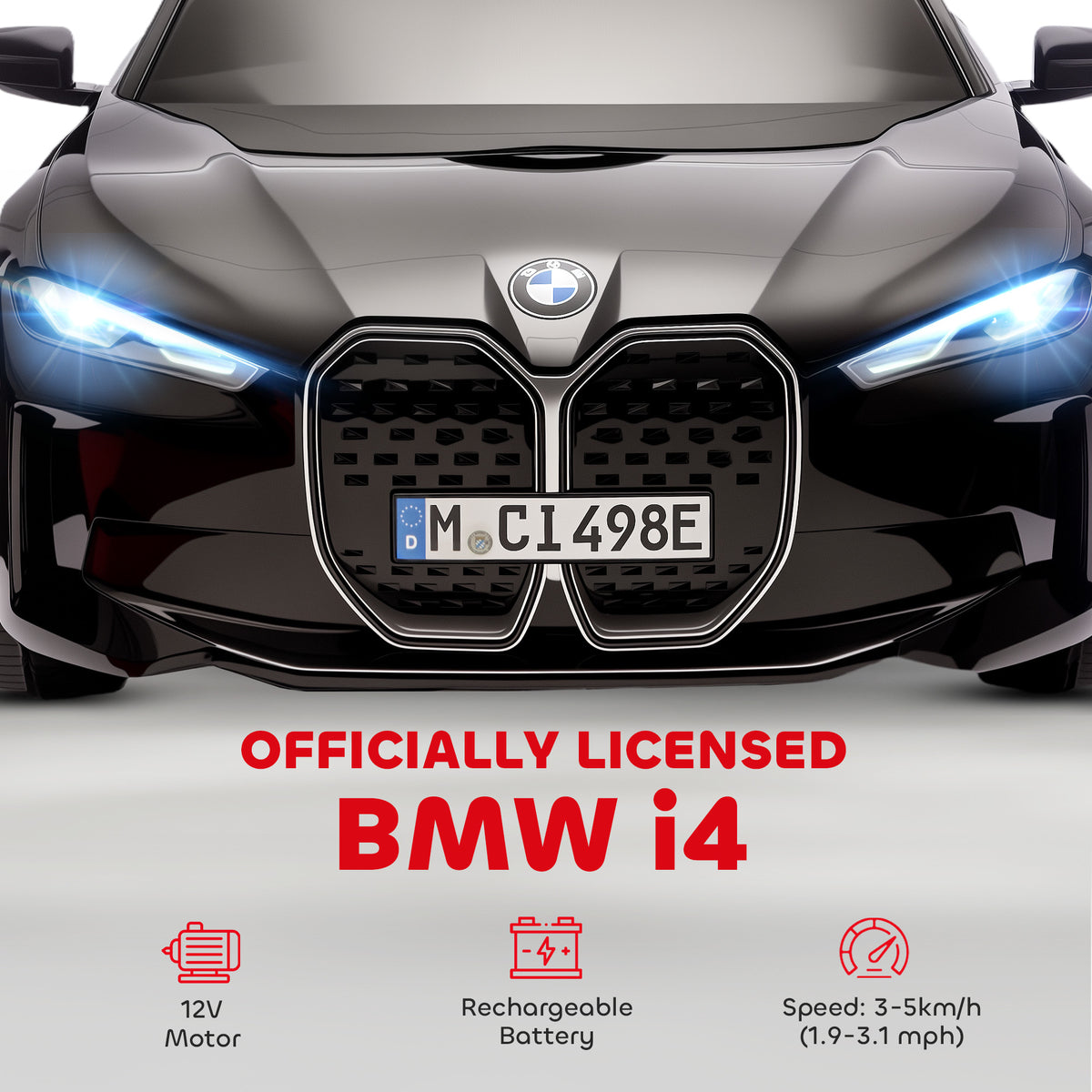 BMW i4 Licensed 12V Kids Electric Ride-On Car, with Remote Control, Portable Battery, Music, Horn, Headlights