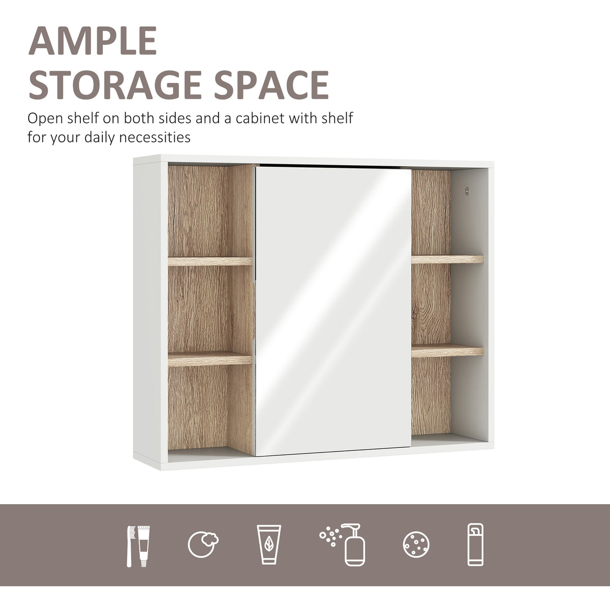 Bathroom Mirror Cabinet, Wall Mounted Storage Cabinet with Open Cupboard and Adjustable Shelf, White