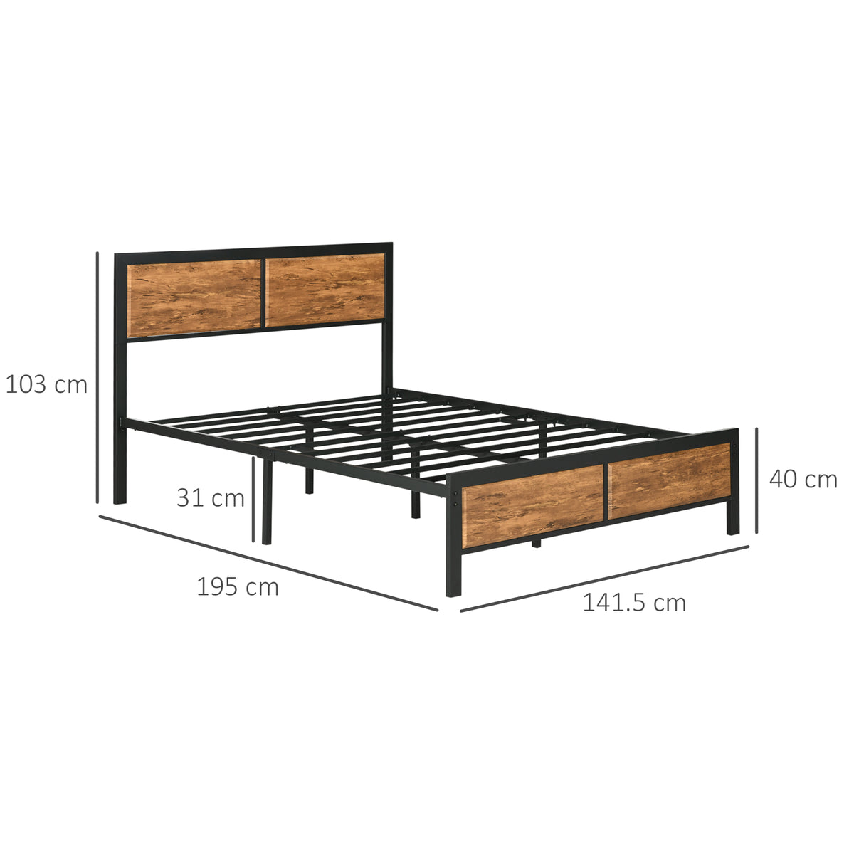 Industrial Double Bed Frame, 5FT Steel Bed Base with Headboard, Footboard, Slatted Support and Under Bed Storage, 142 x 195cm, Rustic Brown