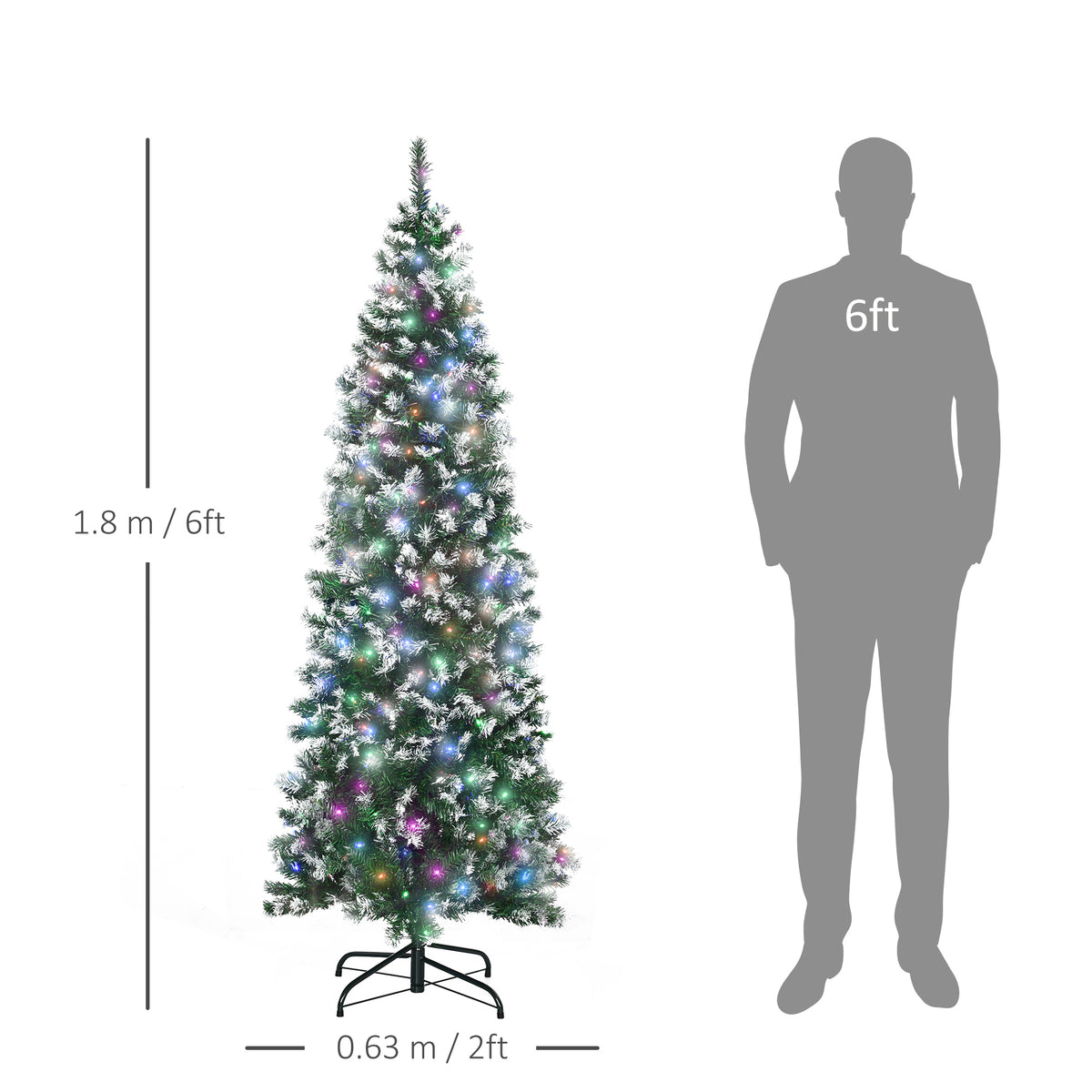 6FT Tall Prelit Pencil Slim Artificial Christmas Tree with Realistic Branches, 300 Colourful LED Lights and 618 Tips, Xmas Decoration, Green