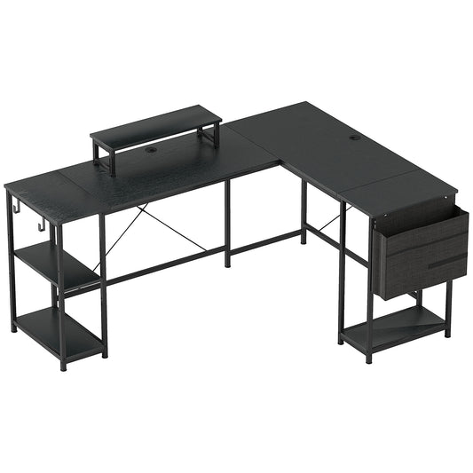 168cm Reversible L Shaped Desk, Industrial Corner Computer Desk with Adjustable Shelf and Storage Bag, 240cm 2 Person PC Table with Monitor Stand