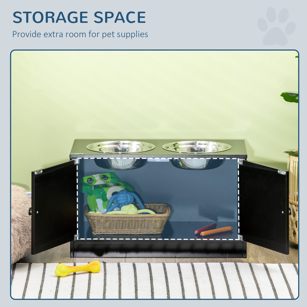 Raised Pet Feeder, with Two Bowls, Storage