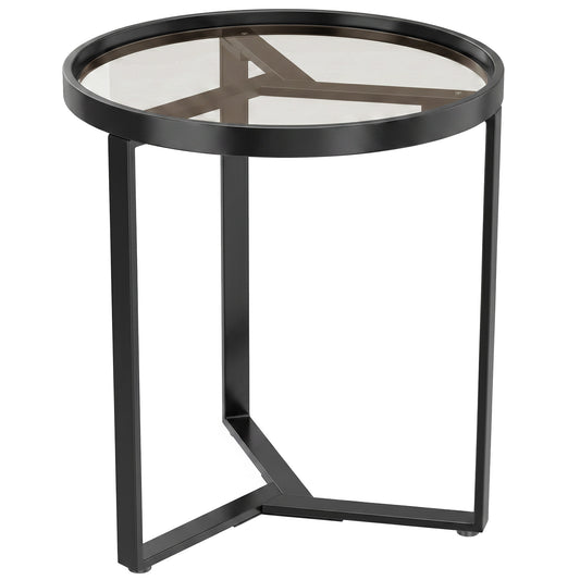 Round Side Table with Tempered Glass Top and Geometric Metal Frame for Small Space