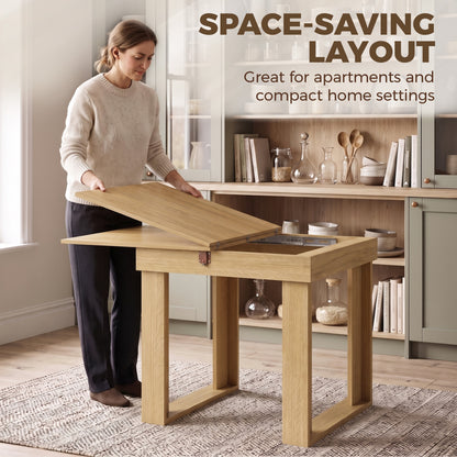 Folding Dining Table Under-Table Storage Extendable Kitchen Table Steel Rail Oak Effect