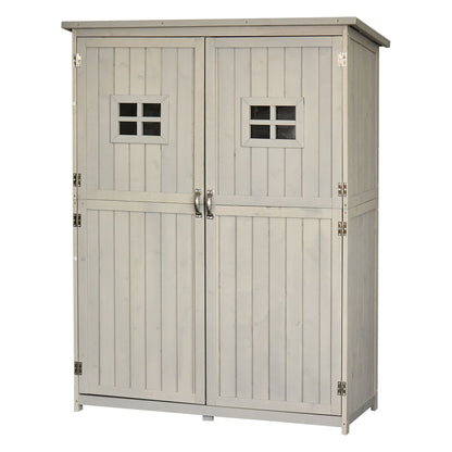 Wooden Garden Shed with Two Windows, Tool Storage Cabinet, Outdoor Double Door Organizer 127.5L x 50W x 164H cm, Grey