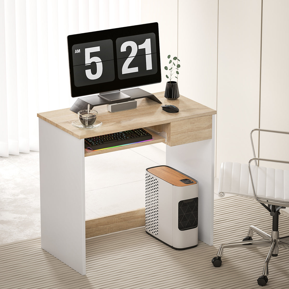 80cm Compact Computer Desk with Keyboard Tray, Home Office Desk with Drawer for Bedroom Study