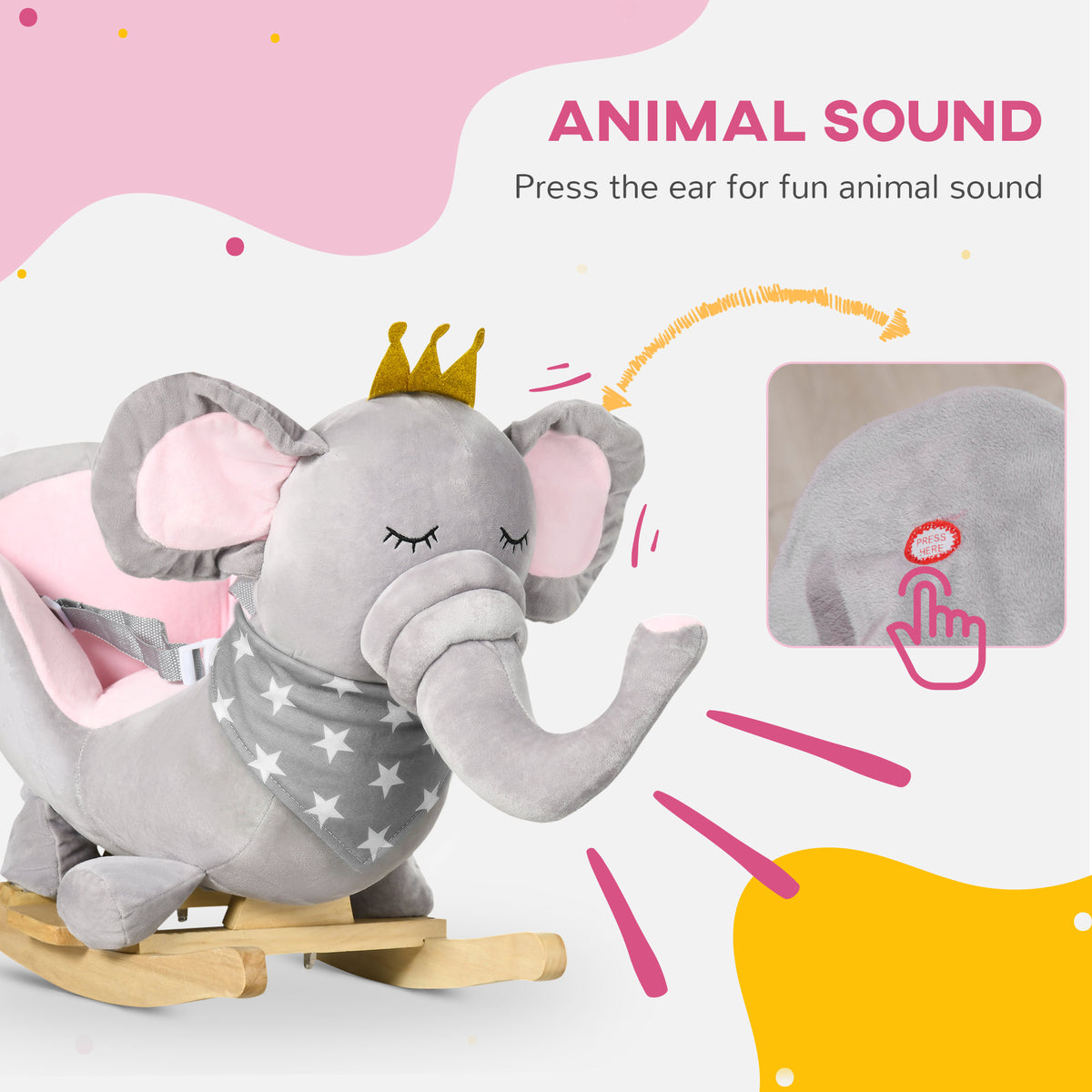 Kids Elephant-Designed Rocking Horse, with Safety Belt, Wooden Base, for Ages 18-36 Months - Grey