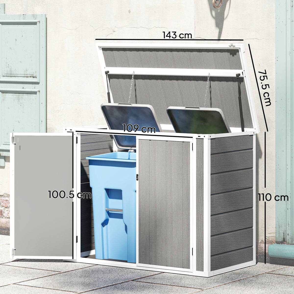 4.7 x 2.5FT Garden Shed, Double Bin Storage Shed with Lockable Doors, Outdoor Small Shed with Openable Lid for 2 Rubbish Bins, Garden Tools, Grey