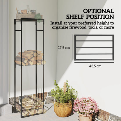 Metal Firewood Log Holder, Heavy Duty Firewood Rack with Adjustable Shelf, Indoor Outdoor Fireplace Wood Storage Shelf, 45 x 31 x 170 cm, Black