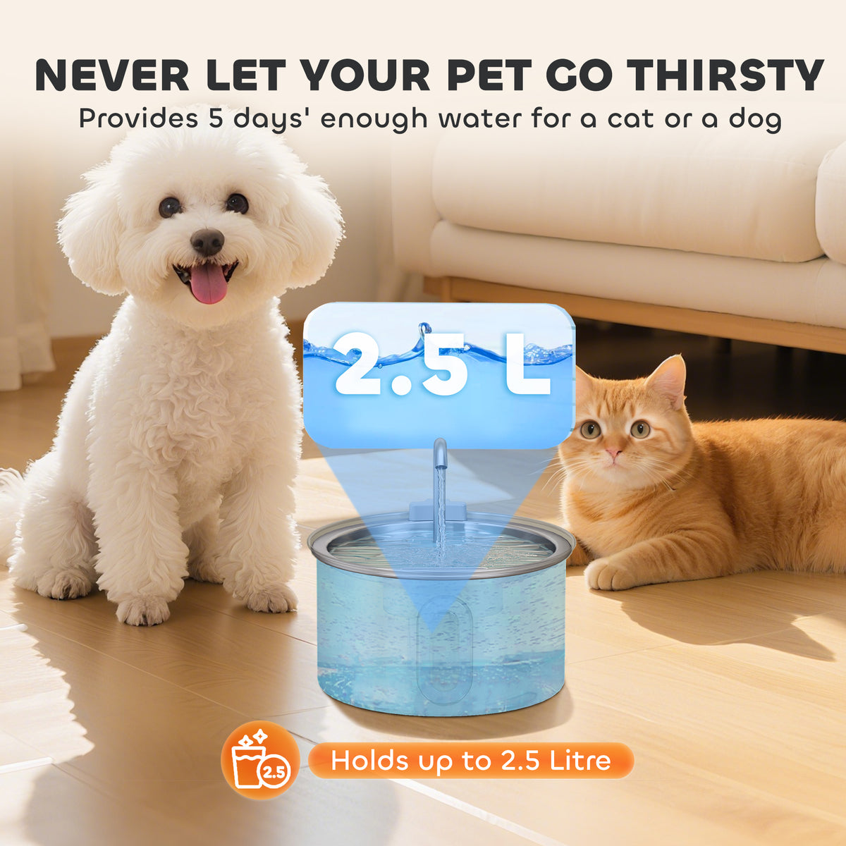 2.5L Stainless Steel Cat Water Fountain for Drinking with Ultra-Silent Pump, Water-Level Window, 7 Filters