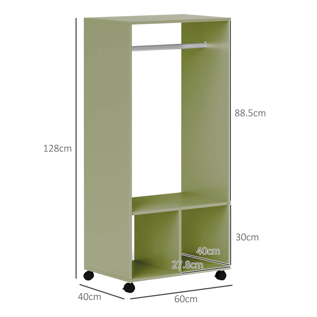 Open Wardrobe on Wheels, Bedroom Wardrobe with Clothes Hanging Rail, 2 Storage Shelves, Mobile Garment Rack for Cloakroom, Hallway, Green