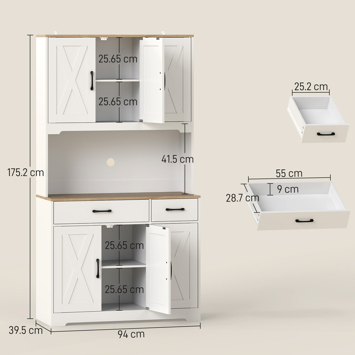175 cm Tall Kitchen Pantry Cabinet with Microwave Stand, Freestanding Pantry Cupboard, White