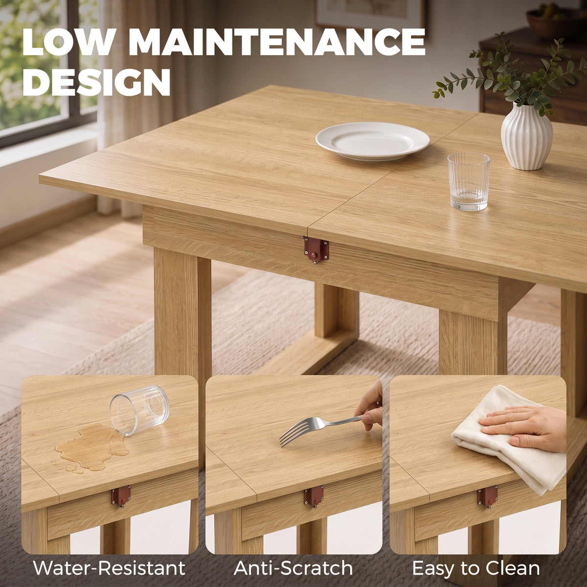 Folding Dining Table Under-Table Storage Extendable Kitchen Table Steel Rail Oak Effect
