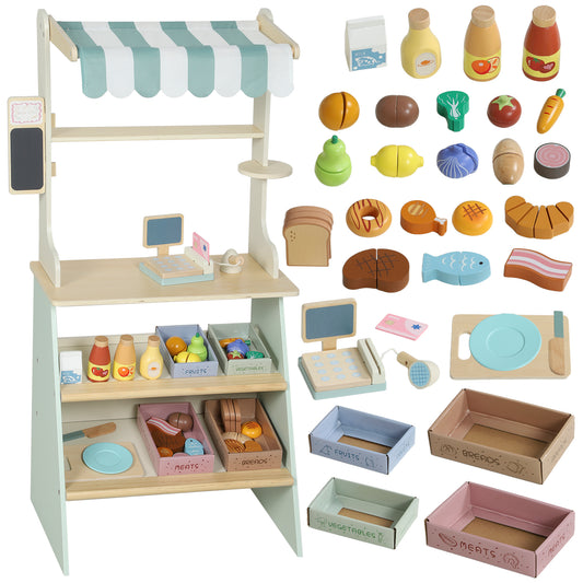 Wooden Toy Shop, Wooden Market Stall with Cash Register, Blackboard and Toy Food, 4 Storage Boxes, Ages 3+, Green