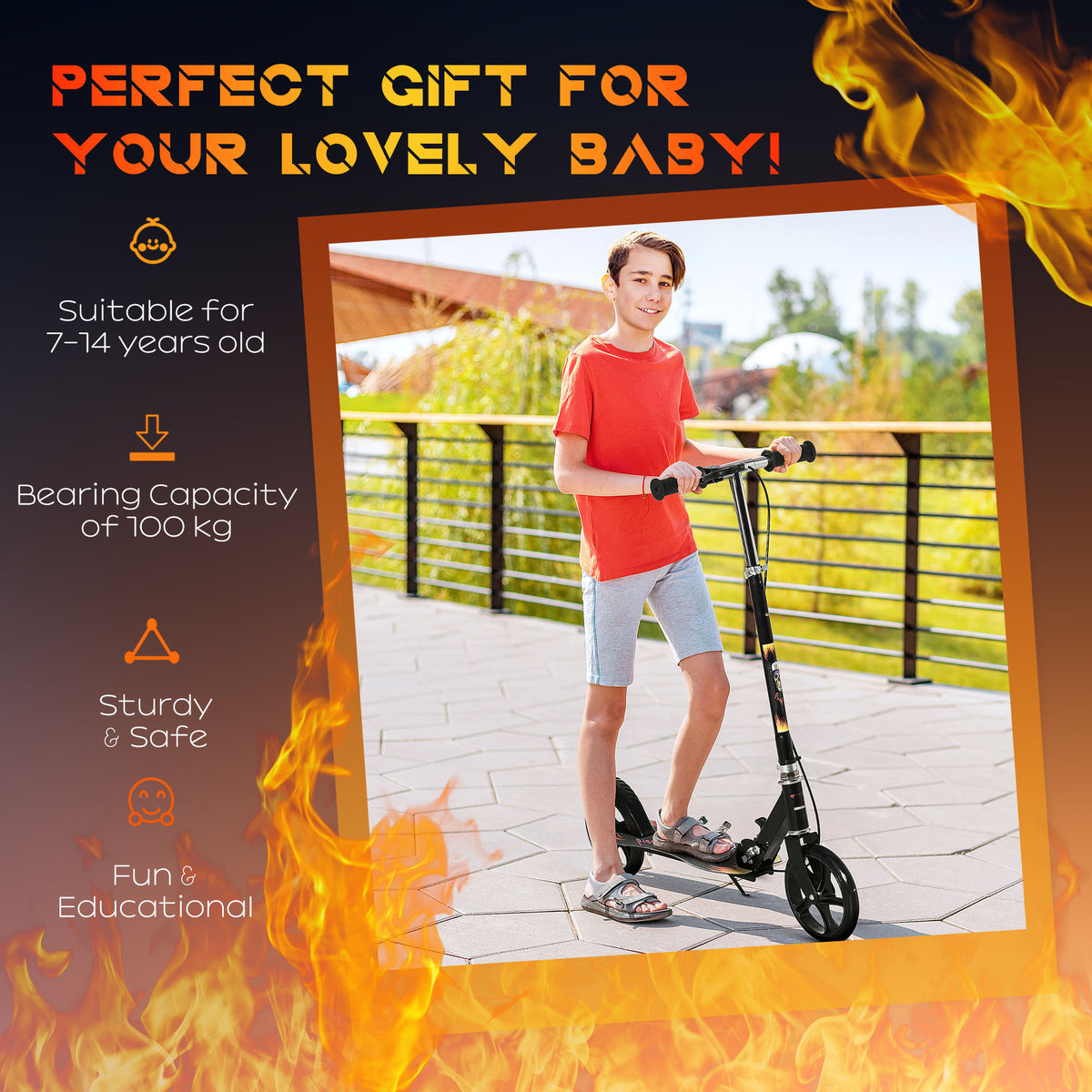 Kids Foldable Kick Scooter w/ Adjustable Height, Break, Big Wheels, for Ages 7-14 Years - Black