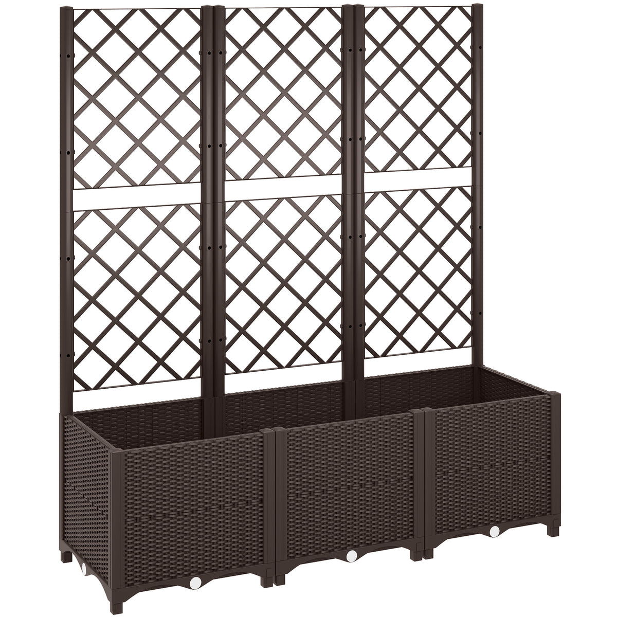 Raised Garden Bed with Trellis, Plastic Planter Box with Drainage Holes, Drain Plugs and Water Reservoirs for Climbing Plants, Vegetables, Flowers, Brown