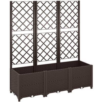 Raised Garden Bed with Trellis, Plastic Planter Box with Drainage Holes, Drain Plugs and Water Reservoirs for Climbing Plants, Vegetables, Flowers, Brown