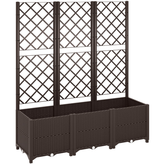 Raised Garden Bed with Trellis, Plastic Planter Box with Drainage Holes, Drain Plugs and Water Reservoirs for Climbing Plants, Vegetables, Flowers, Brown