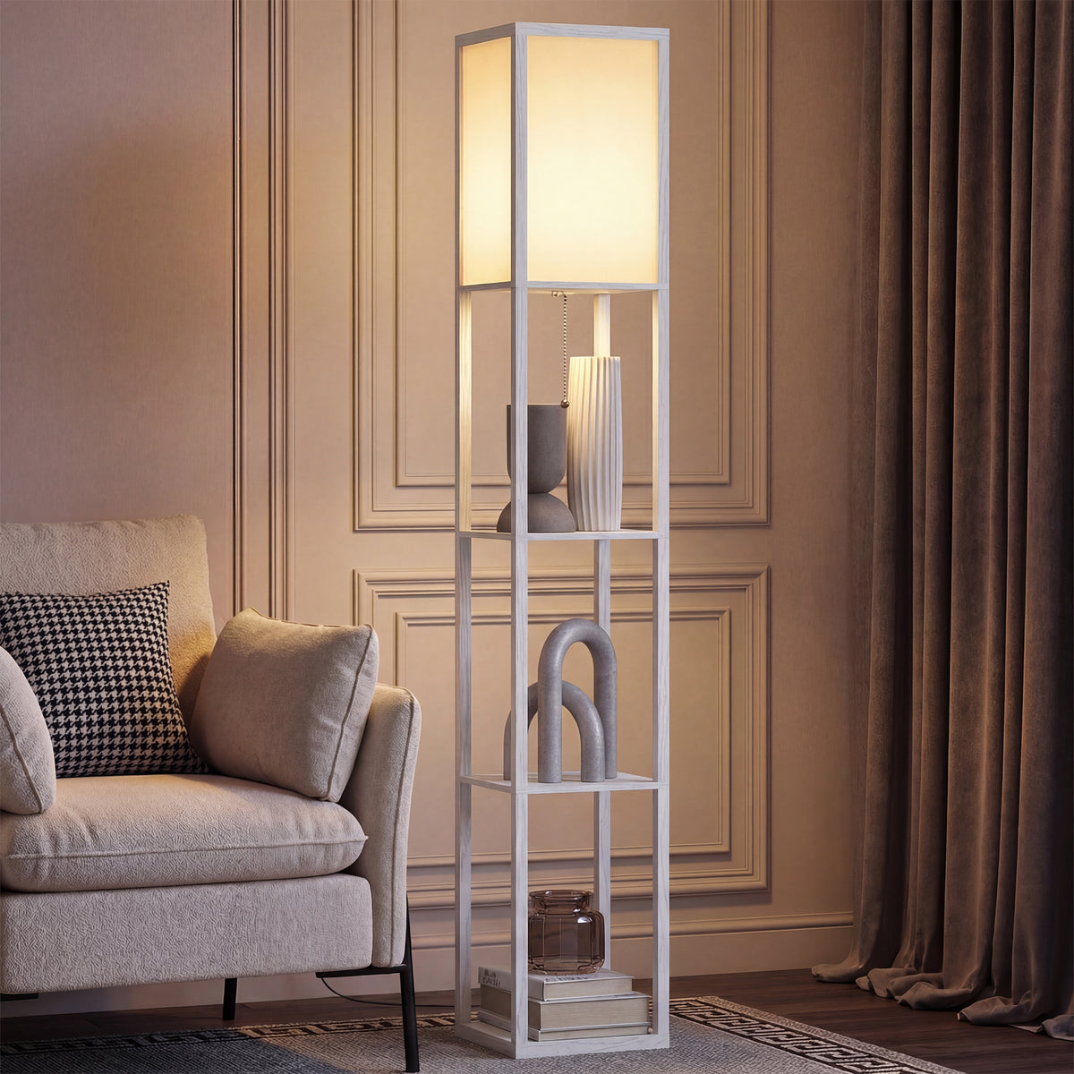 3-Tier Floor Lamp with Shelves and Storage, Modern Corner Standing Lamp with Lampshade, Foot Switch for Living Room, Bedroom, Home Office, Bulb not Included, White