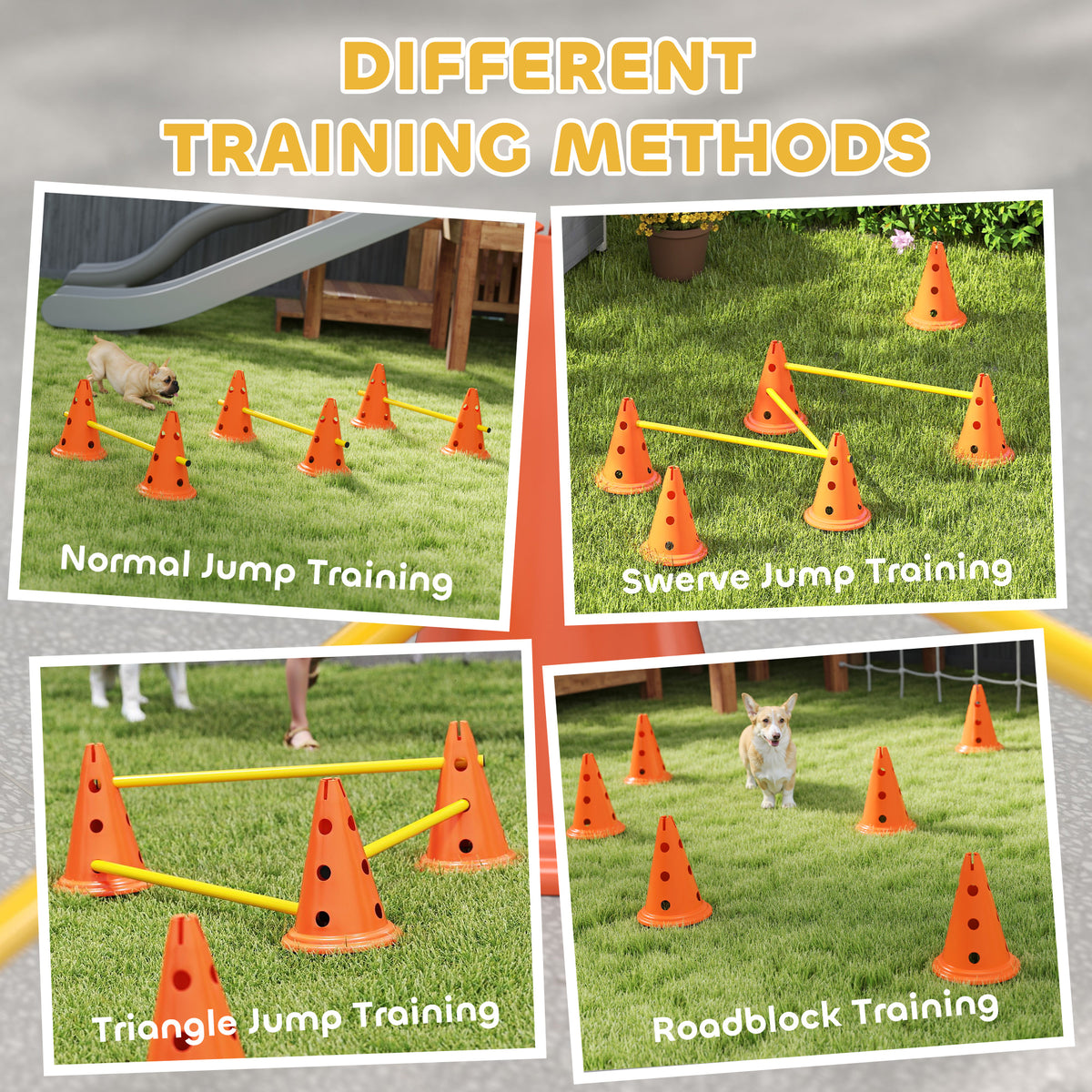 Dog Agility Equipment Set of Six Cones, Six Poles with Carry Bag, Three-Piece Adjustable Height Jumping Obstacles Orange
