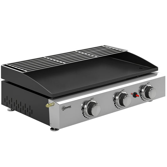 3 Burner Grill Griddle, Portable Gas Plancha with Warming Rack, 7.5 kW, Tabletop Gas BBQ with Grease Cup, Black