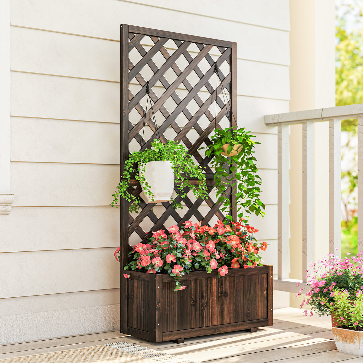 Garden Planter with Trellis, 45L Raised Bed for Climbing Plants, Vines, Flowers, Outdoor Planter Box for Patio, 72.5 x 31.5 x 149.5 cm, Carbonised Finish