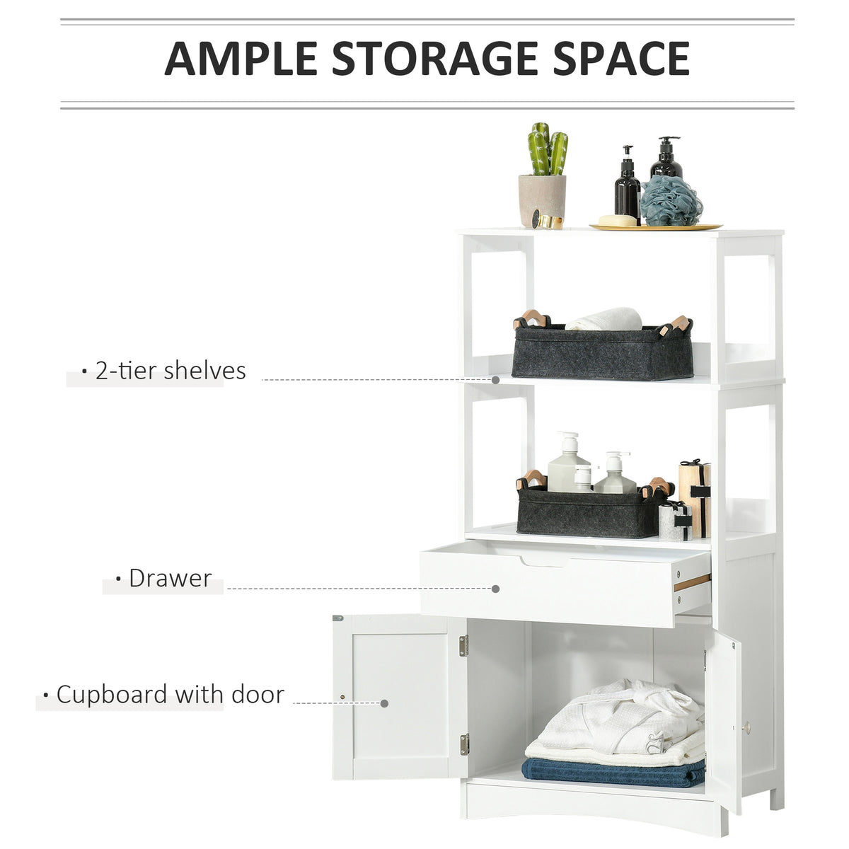 Bathroom Floor Cabinet, Free Standing Kitchen Cupboard with Shelves, Drawer and Doors, Storage Organizer for Living Room, White