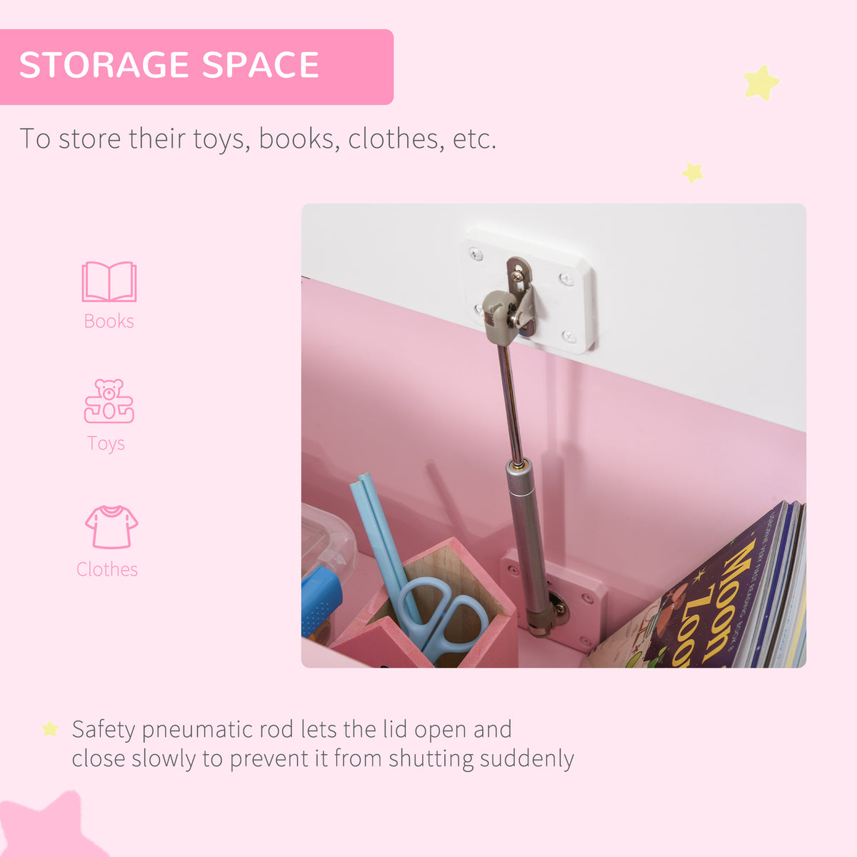 2 In 1 Wooden Toy Box, Seat Storage Bench, Storage Chest Cabinet Organiser with Safety Pneumatic Rod, Pink