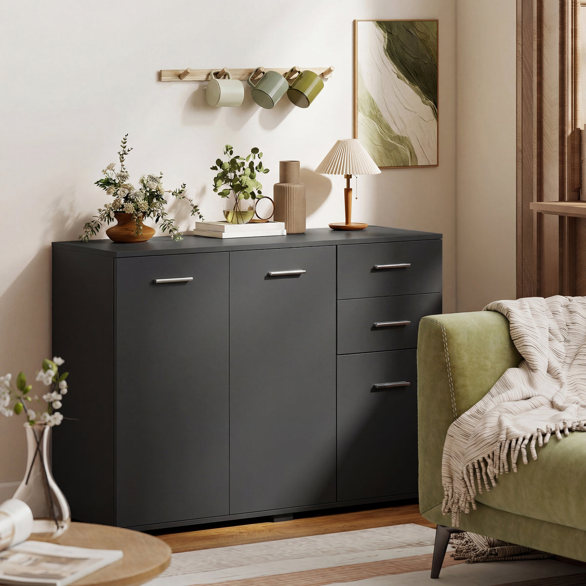 Sideboard, Modern Storage Cabinet with 2 Drawers, 3 Doors and Adjustable Shelves, Black