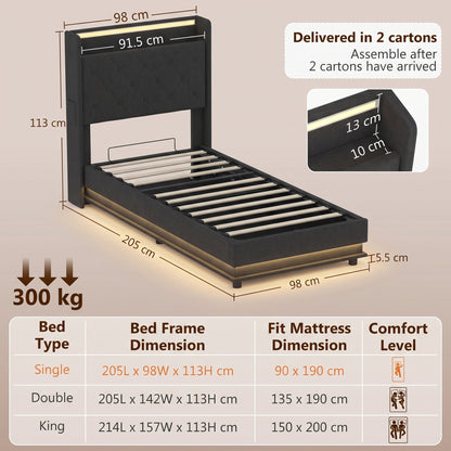 3ft Single Bed Frame with Headboard, Platform Bed Frame with Hydraulic Storage, LED Lights and Charging Station, Black