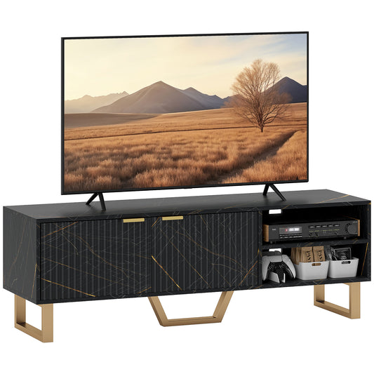 Marble Effect TV Unit, Modern TV Stand Cabinet for up to 70" TVs, with Shelves and Storage Cupboard, Fluted Door, Extra Centre Leg, Cable Management for Living Room