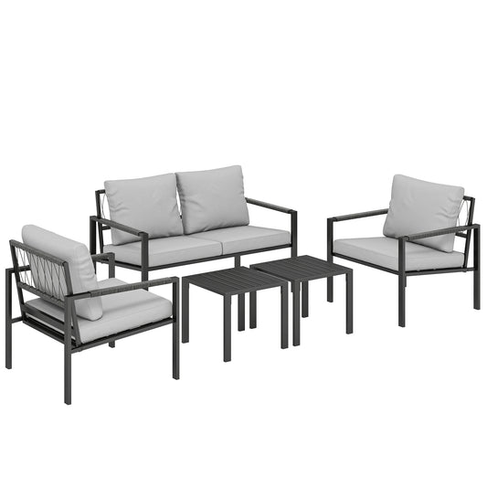 5 Piece Metal Garden Furniture Sofa Set with Thickened Cushions, Loveseat, 2 Armchairs, 2 Coffee Tables, Light Grey