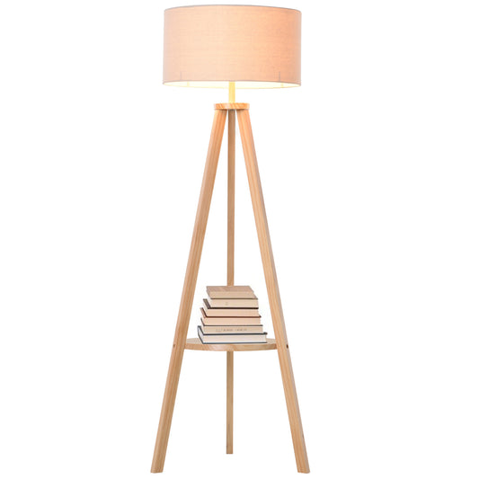 Tripod Floor Lamp, Freestanding Bedside Light Reading Light with Storage Shelf and Linen Shade for Living Room Bedroom, 154cm, Cream