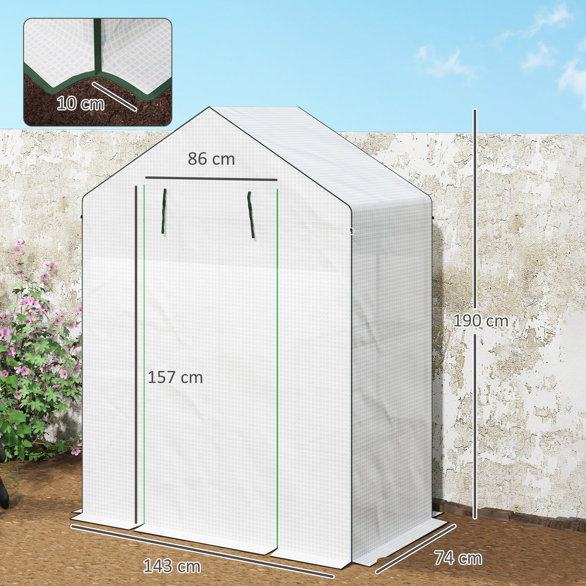 143 x 74cm Walk-In Greenhouse, with Shelves - White
