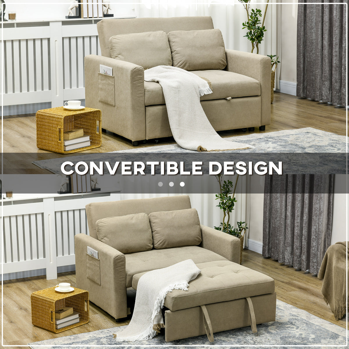 Loveseat Sofa Bed, Convertible Bed Settee with 2 Pillows, Side Pockets, Light Brown