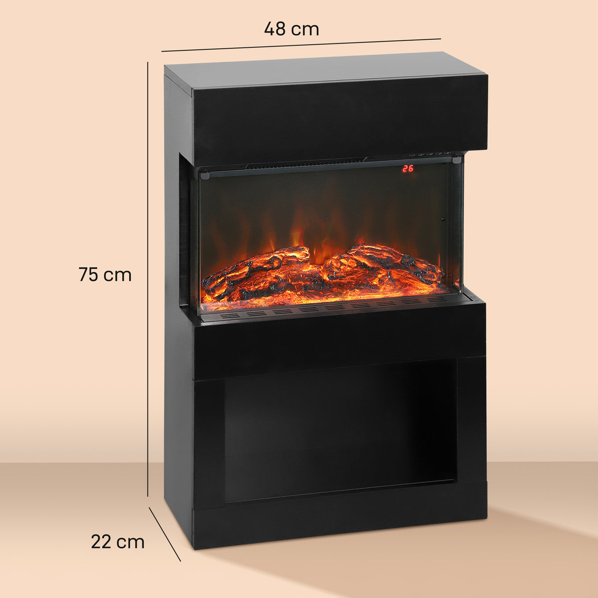 19" Electric Fireplace with Surround, 3D Flame Effect, 6 Colours & 3 Brightness Levels, 1000W/2000W Black Electric Fire and Mantel Reach up to 30㎡ Space with Remote & Timer, 3 Sided View