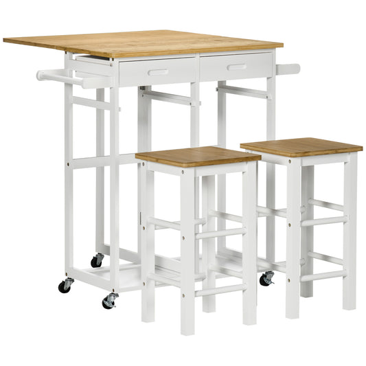 Kitchen Island Set with 2 Stools, Bamboo Breakfast Cart with Drop Leaf Top, Drawers and Towel Rack, Rolling Kitchen Cart and Chairs Set, White