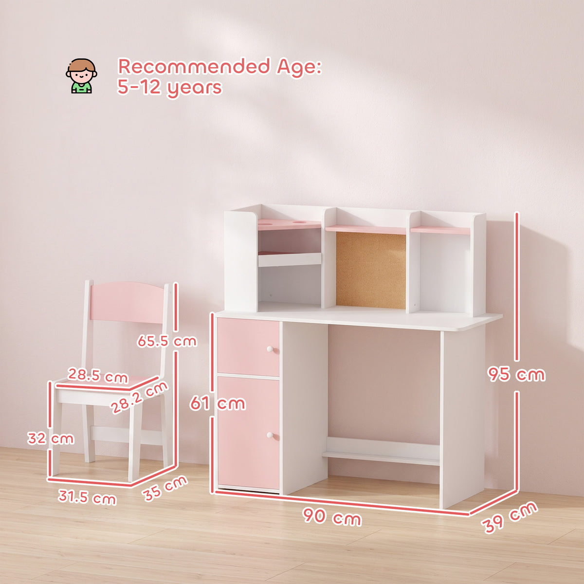 Kids Desk and Chair Set Storage Shelves Kids Desk Adjustable Tablet Stand Cork Board Pen Holder Pink