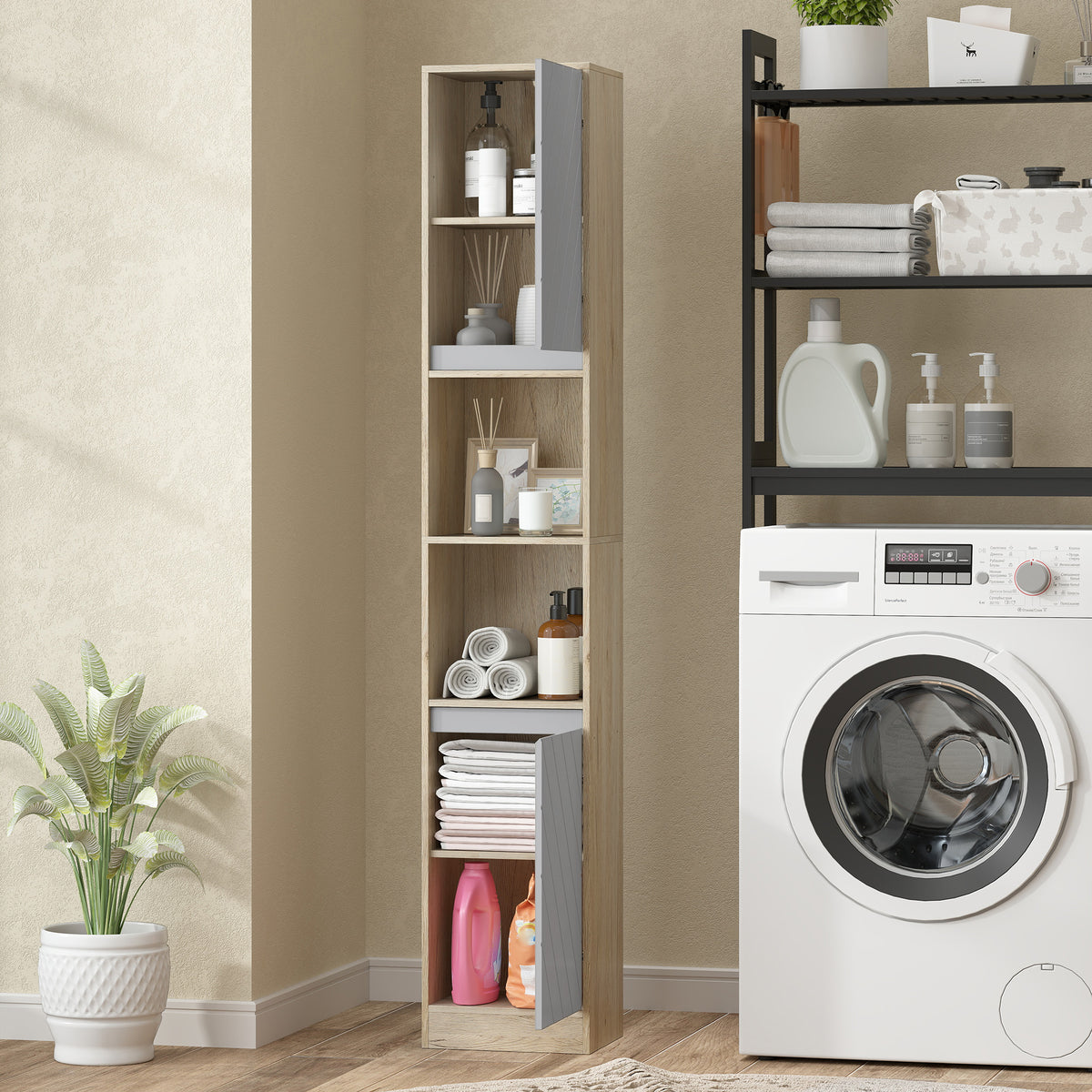 Narrow Bathroom Cabinet, Slim Bathroom Storage Unit with Open Compartment, Freestanding Storage Cupboard with Adjustable Shelves for Small Spaces, 30 x 24 x 170 cm