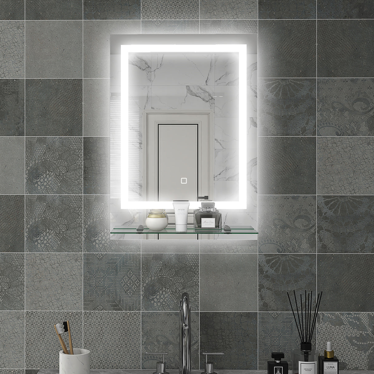 Large Vanity Mirror with Lights and Shelf, Illuminated bathroom Mirror with 3 Colour Brightness, Smart Touch, Anti-Fog