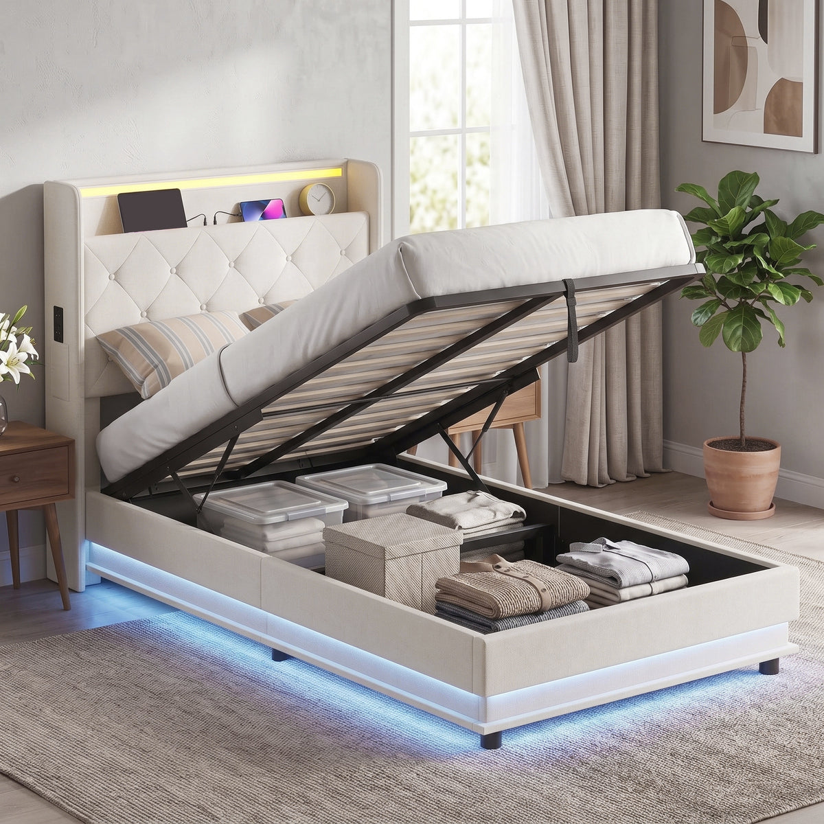 3ft Single Bed Frame with Headboard, Platform Bed Frame with Hydraulic Storage, LED Lights and Charging Station, White