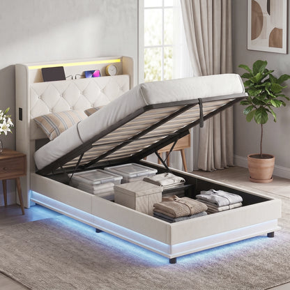 3ft Single Bed Frame with Headboard, Platform Bed Frame with Hydraulic Storage, LED Lights and Charging Station, White