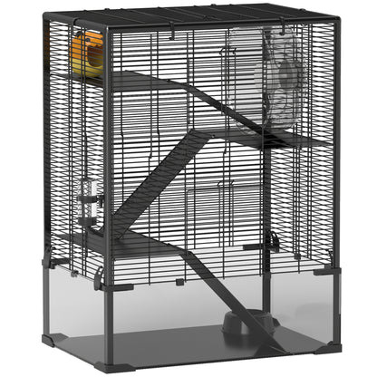 Four-Tier Hamster Cage with Deep Tempered Glass Bottom, Hut, Running Wheel, Food Dish, Water Bottle, 60 x 40 x 80cm